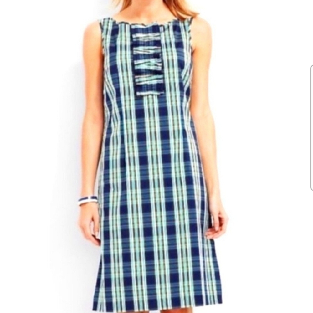 Talbots Cotton Blend Plaid Sleeveless Ruffle Front Sheath Dress, Size 10P